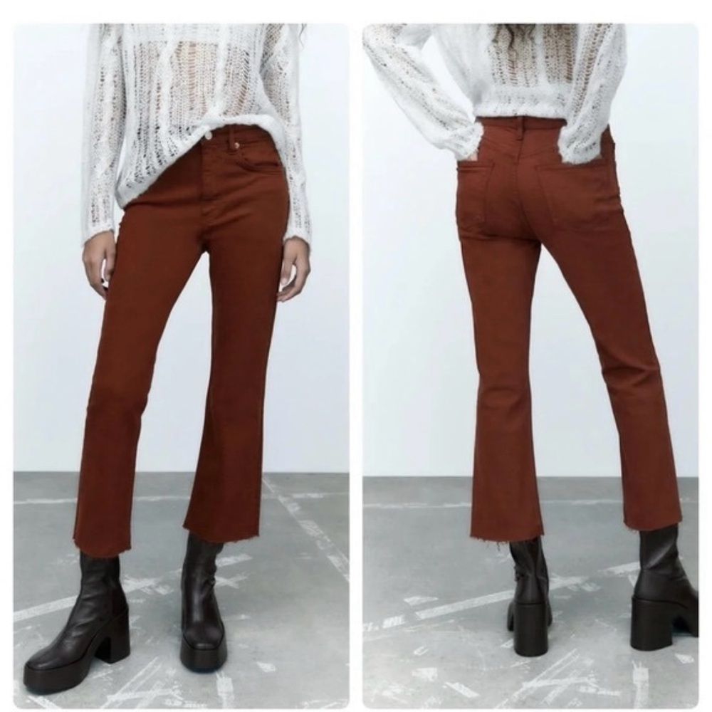 Zara Mid-Rise Cropped Flare Jean in Rust Brown Women’s Size 4